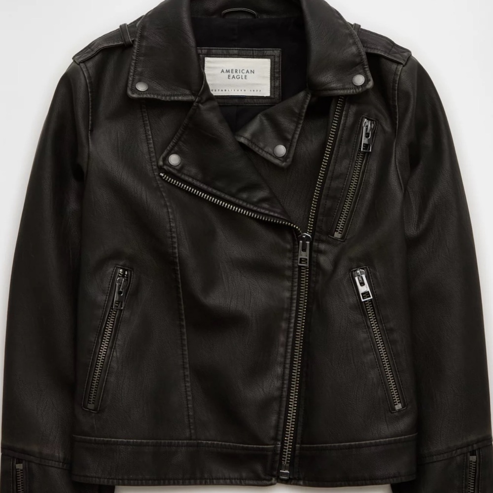 American Eagle Black Faux Leather Biker Jacket. Black. Size L